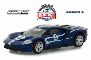 2017 Ford GT, Blue With White - Greenlight 13220C/48 - 1/64 Scale Diecast Model Toy Car