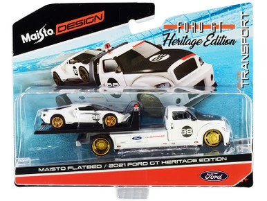 ModelToyCars 2021 Ford GT #98 Heritage Edition With Flatbed Truck, White - Maisto 15108-21A - 1/64 Diecast Car