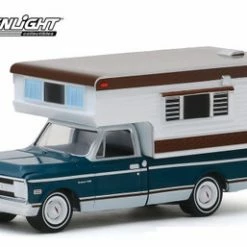 1969 Chevy C-10 Cheyenne With Large Camper, Green - Greenlight 30121/48 - 1/64 Scale Diecast Model Toy Car