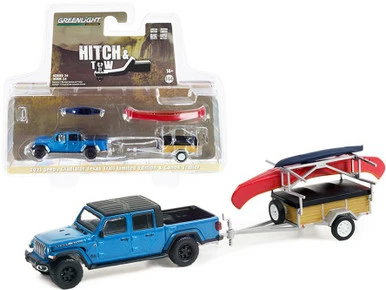 2021 Jeep Gladiator W/ Canoe Trailer & Canoe Rack, Blue - Greenlight - 1/64 Scale Diecast Car