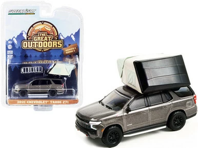 2021 Chevy Tahoe Z71 W/Modern Rooftop Tent, Gray Metallic - Greenlight 38010E - 1/64 Diecast Car
