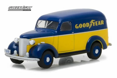 1939 Chevy Panel Truck Goodyear Tires, Blue W/Yellow - Greenlight 41040/48 - 1/64 Scale Diecast Car