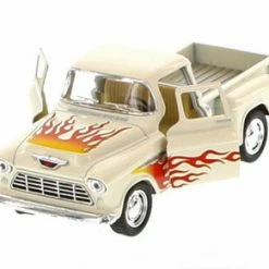 1955 Chevy Stepside Pickup With Flames, White With Flames - Kinsmart 5330DF - 1/32 Scale Diecast Model Replica (Brand New, But NOT IN BOX)