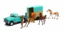 1955 Chevy Pickup W/ Horse Trailer, Turquoise - New Ray 54996 - 1/32 Scale Diecast Car