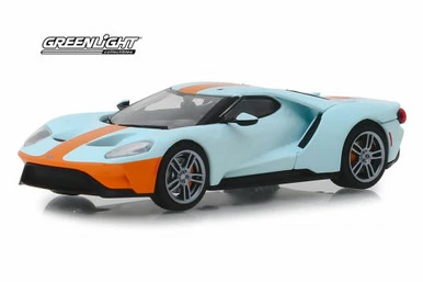 2019 Ford GT Heritage Edition, Light Blue With Orange Stripes - Greenlight 86158 - 1/43 Diecast Car