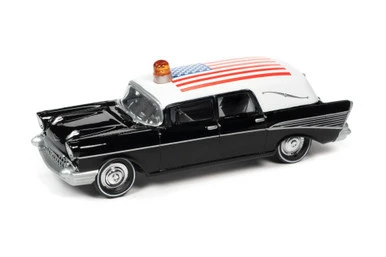 1957 Chevy Hearse W/American Flag, Black & White - Johnny Lightning JLSP144/24 - 1/64 Diecast Car