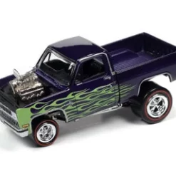 1981 Chevy Silverado 10 Fleetside, Purple Grape Metallic With Lime Flames - Johnny Lightning JLSP178/24A - 1/64 Scale Diecast Model Toy Car