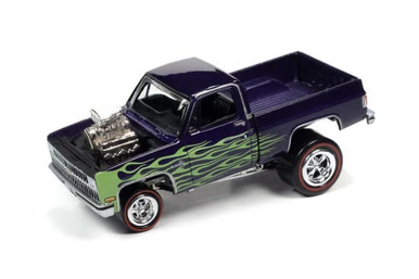 1981 Chevy Silverado 10 Fleetside, Purple Grape Metallic With Lime Flames - Johnny Lightning JLSP178/24A - 1/64 Scale Diecast Model Toy Car