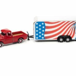 1955 Chevy Cameo Pickup Truck With Enclosed Car Trailer, Cardinal Red With Amercian Flag Graphics - Johnny Lightning JLSP200/24A - 1/64 Scale Diecast Model Toy Car